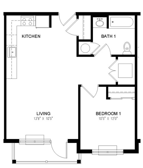 Floor plan for 1 bed, 1 bath, 603 sqft